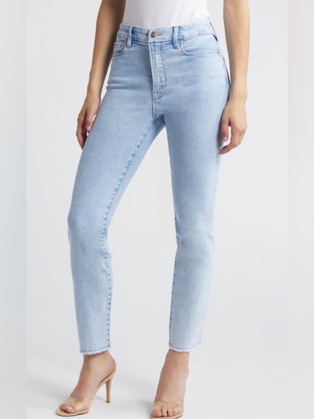 Good American Good Classic Inset Ankle Slim Jeans Size 12 31 Light Wash indigo